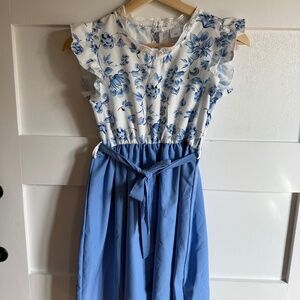 Knee length Girls Blue and White Dress